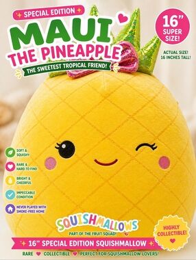 16" Maui Pineapple Squishmallow 🍍 Rare Fruit Squad Plush Pink Bow Large 16 Inch